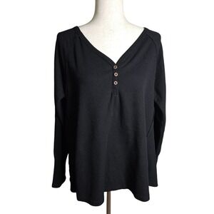 Womens Black Textured Raw Hem 3 Button Rounded Hem Shirt Top Size Large